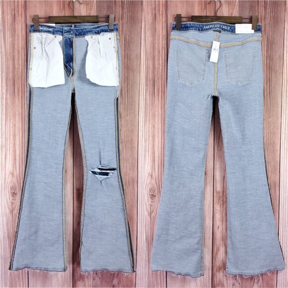 NWT American Eagle Womens 6/28W Super Hi-Rise Flare Jeans Distressed Raw Hem - Picture 2 of 16